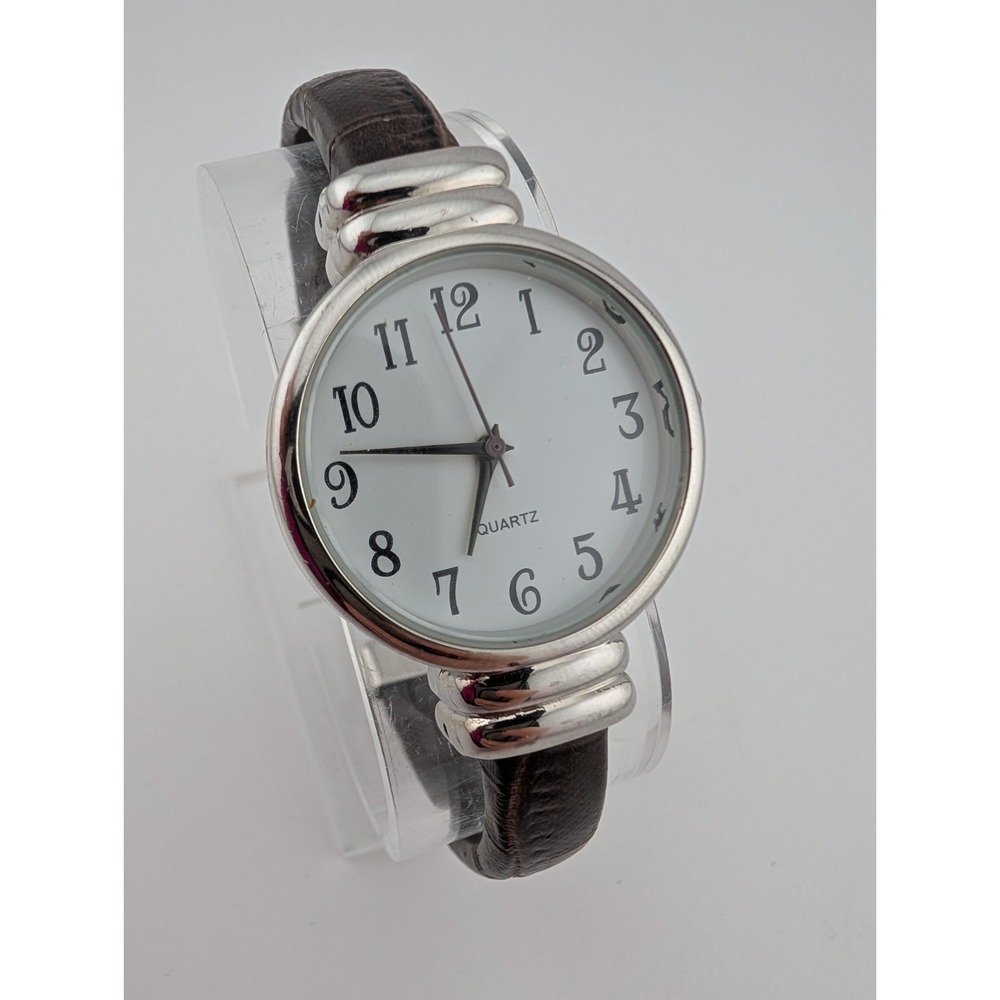 Women's Quartz Watch 30mm Silver Case Brown‎ Leather Bangle Band- New Battery